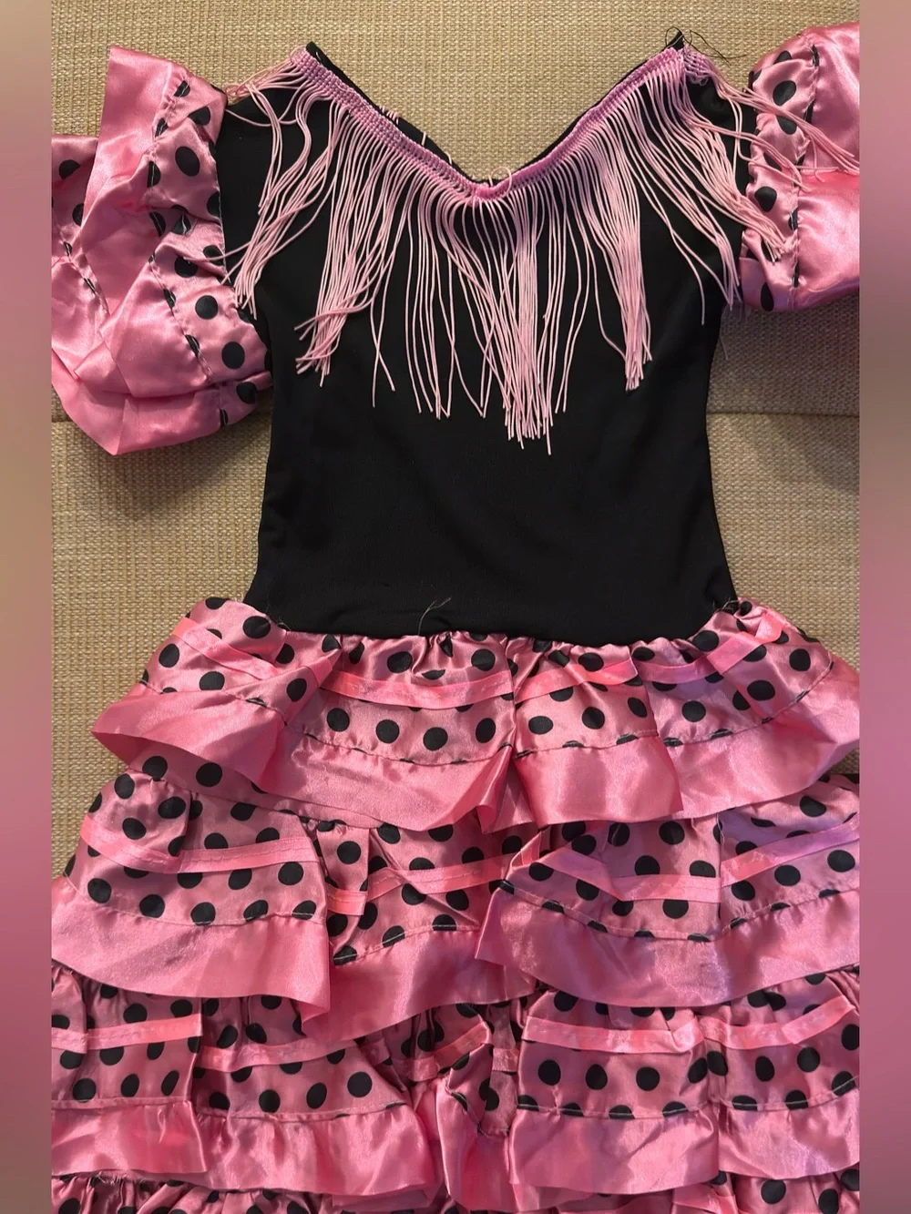 Girls Pink and Black Flamenco Ruffle Costume with Fringe 4/5